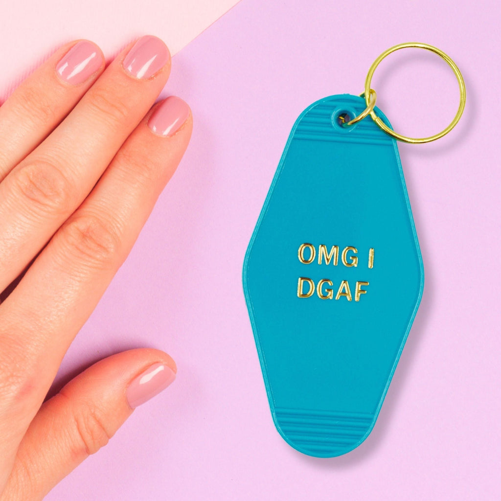 OMG I DGAF Motel Keychain in Aqua Blue