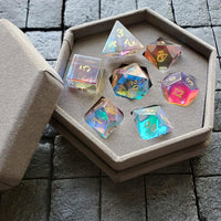 Hand Carved  Gemstone Dichroic Glass Polyhedral Dice (With Box) Dice Set