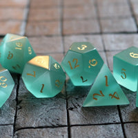 Hand Carved  Gemstone Aquamarine Cats Eye Stone (And Box) Polyhedral Dice Set