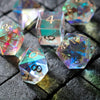 Hand Carved  Gemstone Dichroic Glass Polyhedral Dice (With Box) Dice Set