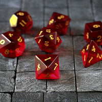 Hand Carved  Blood Red Zircon Glass (And Box) Polyhedral Dice Set