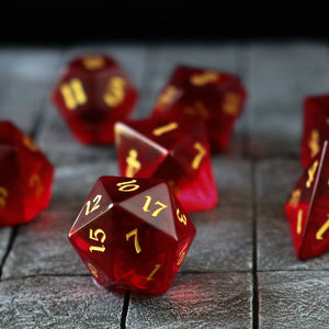 Hand Carved  Blood Red Zircon Glass (And Box) Polyhedral Dice Set