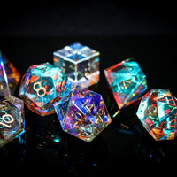 Hand Carved  Gemstone Dichroic Glass Polyhedral Dice (With Box) Dice Set