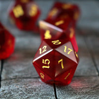 Hand Carved  Blood Red Zircon Glass (And Box) Polyhedral Dice Set