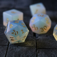 Gemstone Opalite (Gold Font) Hand Carved Polyhedral Dice (And Box) Dice Set