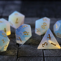 Gemstone Opalite (Gold Font) Hand Carved Polyhedral Dice (And Box) Dice Set