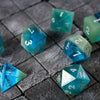 Hand Carved Synthetic Gemstone Two Tone Blue/Green (And Box) Polyhedral Dice Set