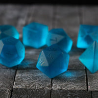 Hand Carved  Blue Zircon Glass (And Box) Polyhedral Dice Set