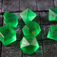 Hand Carved Raised Green Zircon Glass (And Box) Polyhedral Dice Set