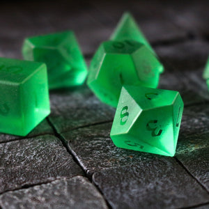 Hand Carved Raised Green Zircon Glass (And Box) Polyhedral Dice Set