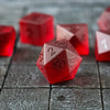 Hand Carved Raised Blood Red Zircon Glass (And Box) Polyhedral Dice Set