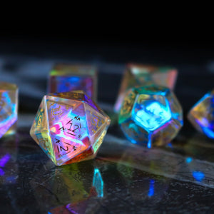 Dragon Shield  Gemstone Dichroic Glass Polyhedral Dice (With Box)