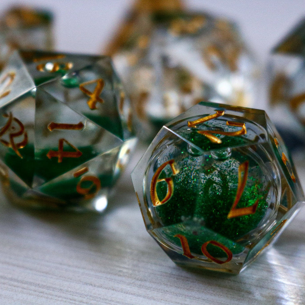 Green Glitter Liquid Core Handmade Sharp Edge Resin Dice Set