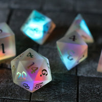 Gemstone (Inked) Raised Dichroic Glass Polyhedral Dice (With Box) Set