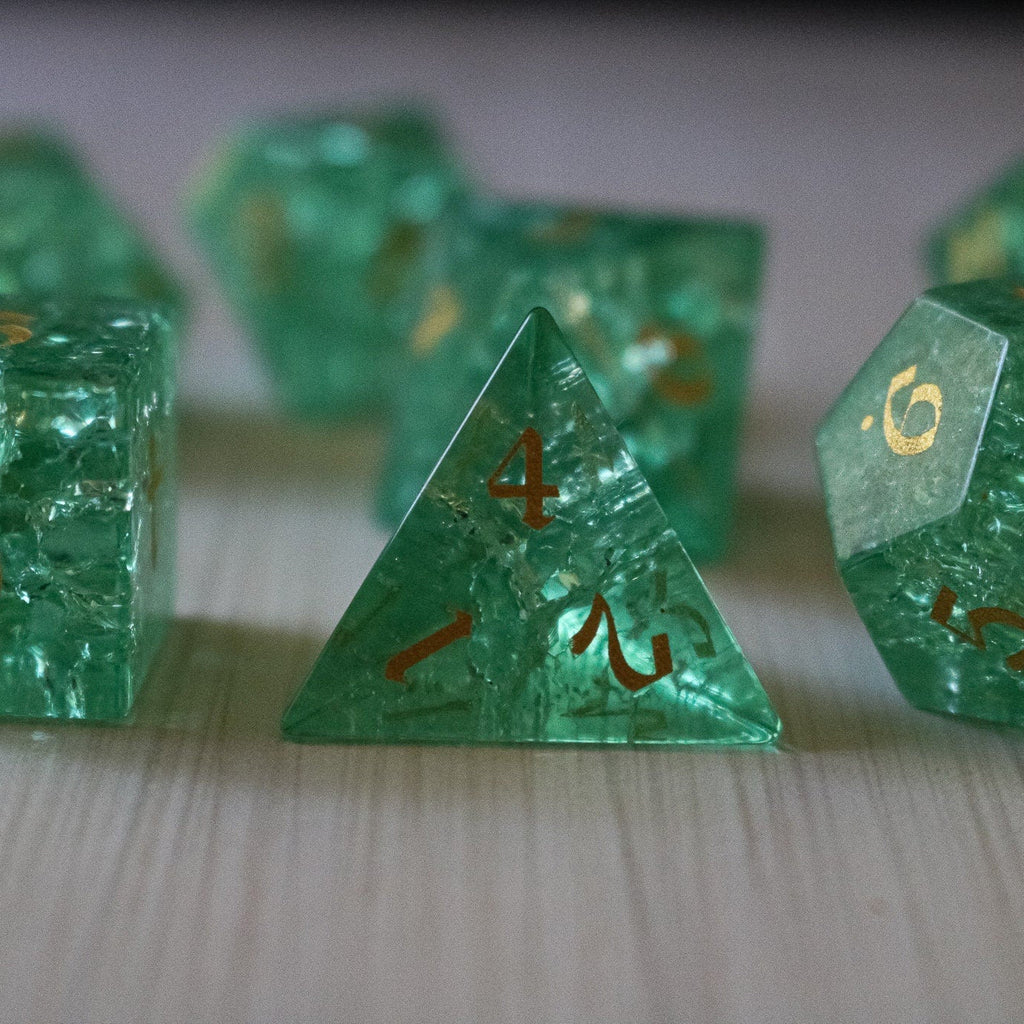 Green Lightning Glass Cracked Glass (And Box) Polyhedral Dice Set