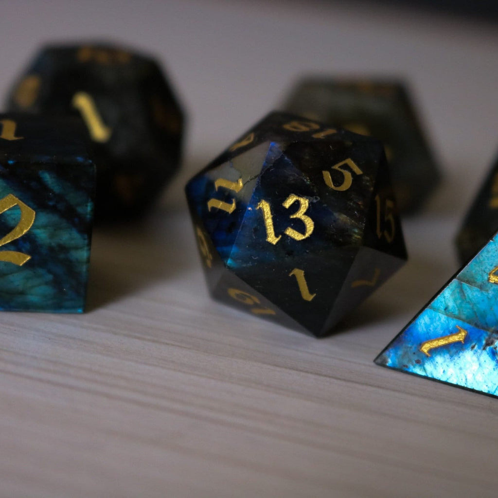 Labradorite Gemstone Dice (And Box) Polyhedral Dice Set