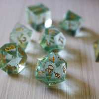 Hand Carved  Green Water Glass (And Box) Polyhedral Dice Set