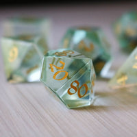 Hand Carved  Green Water Glass (And Box) Polyhedral Dice Set