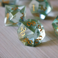 Hand Carved  Green Water Glass (And Box) Polyhedral Dice Set