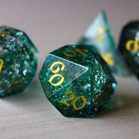 Elven Wood Green Forge Fire Glass (And Box) Polyhedral Dice DND Set