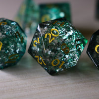 Elven Wood Green Forge Fire Glass (And Box) Polyhedral Dice DND Set