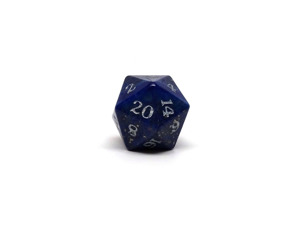 Stone D20 Dice - Lapis Lazuli - Silver Signature Font